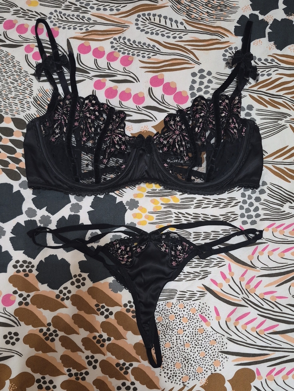 For Love And Lemons Black Satin Bra & Strappy Thong with Pink Floral Embroidery